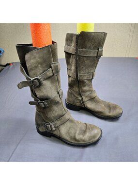 Born Womens Size 10 Leather Tall Buckle Boots Gray Riding